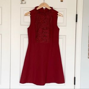 Esley Red High Neck Crochet Flare Dress